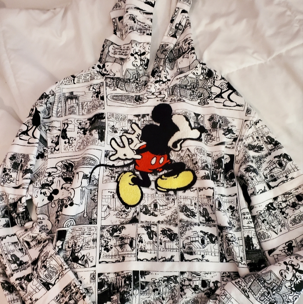 white hoodie with black-and-white Mickey Mouse for women